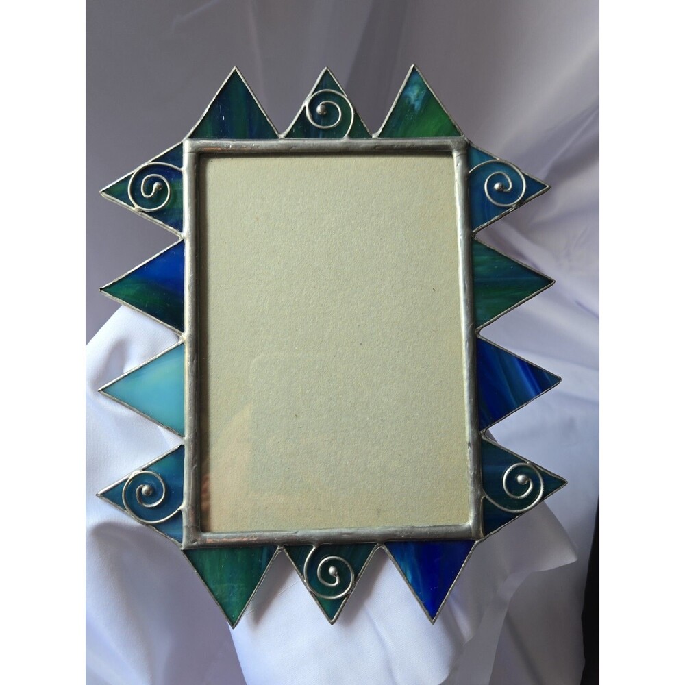 Elsa Leaded Slag Stained Blue Green Art Glass 8x10 Picture Frame Fits 5x7 Photo